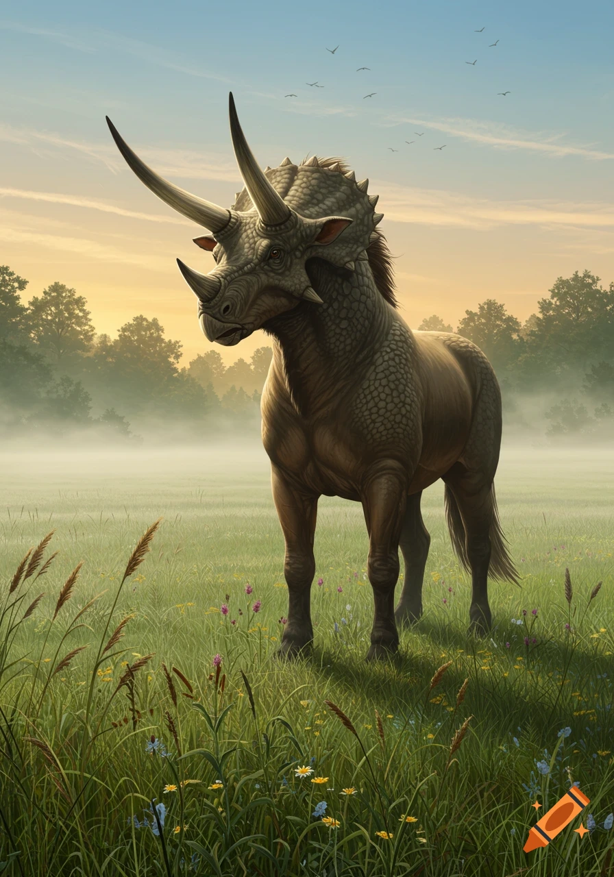 A photorealistic depiction of a triceratops-horse hybrid standing in a misty, grassy field with wildflowers under a sunrise sky, birds flying in the distance.