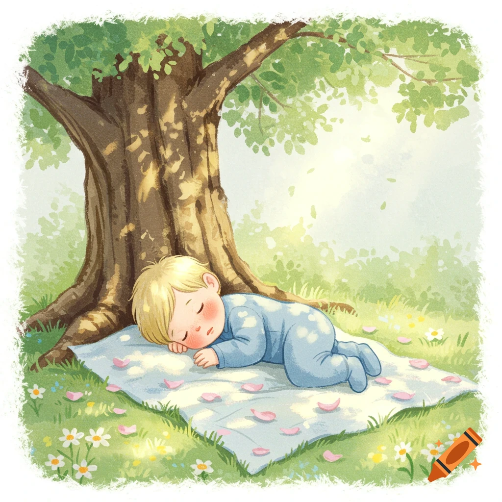 A soft watercolor illustration of a cute blonde baby boy in a blue onesie sleeping under a tree on a blanket.