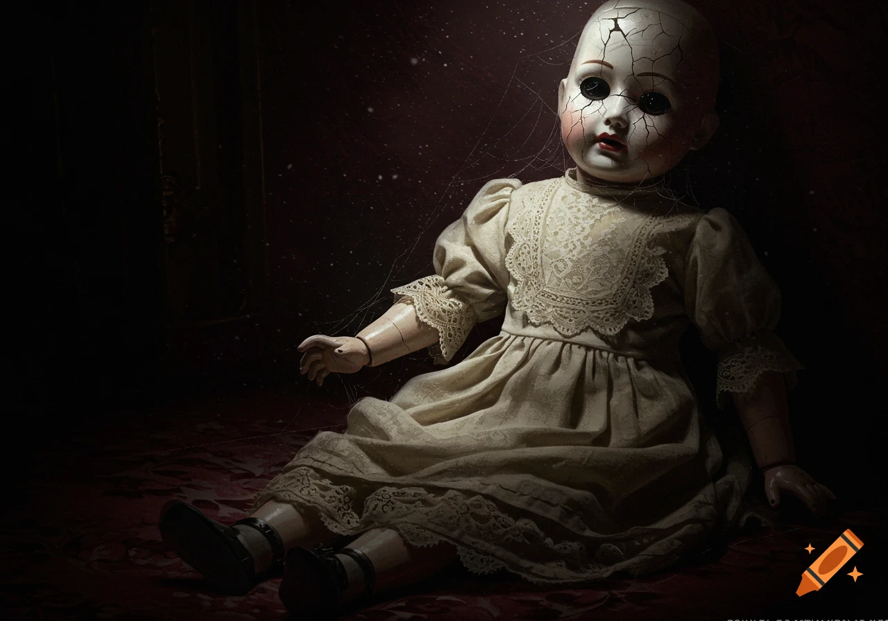 A creepy, shattered porcelain doll with empty black eyes, wearing a tattered lace dress, sits in a dark, cobweb-filled room illuminated by moonlight.