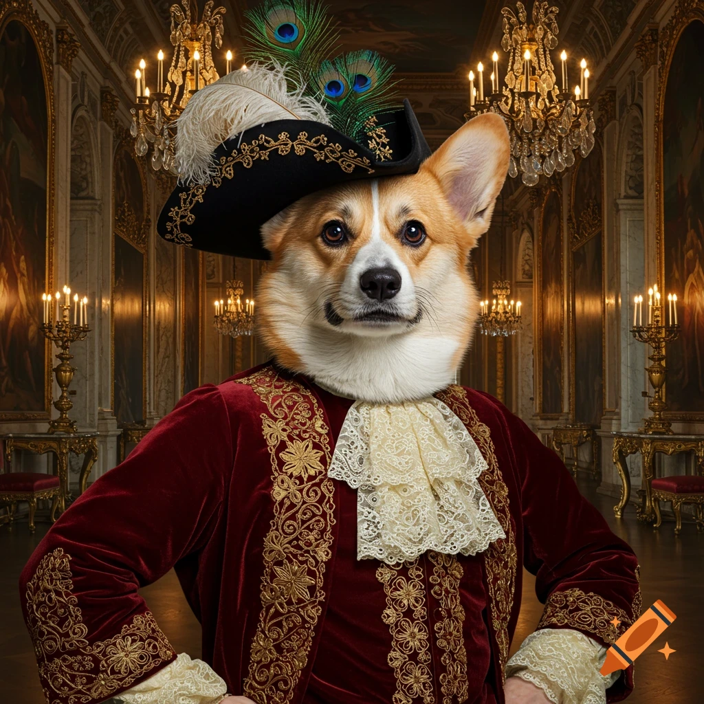 A corgi dog's head on a human body in elaborate 18th-century court attire, standing in a grand ballroom.