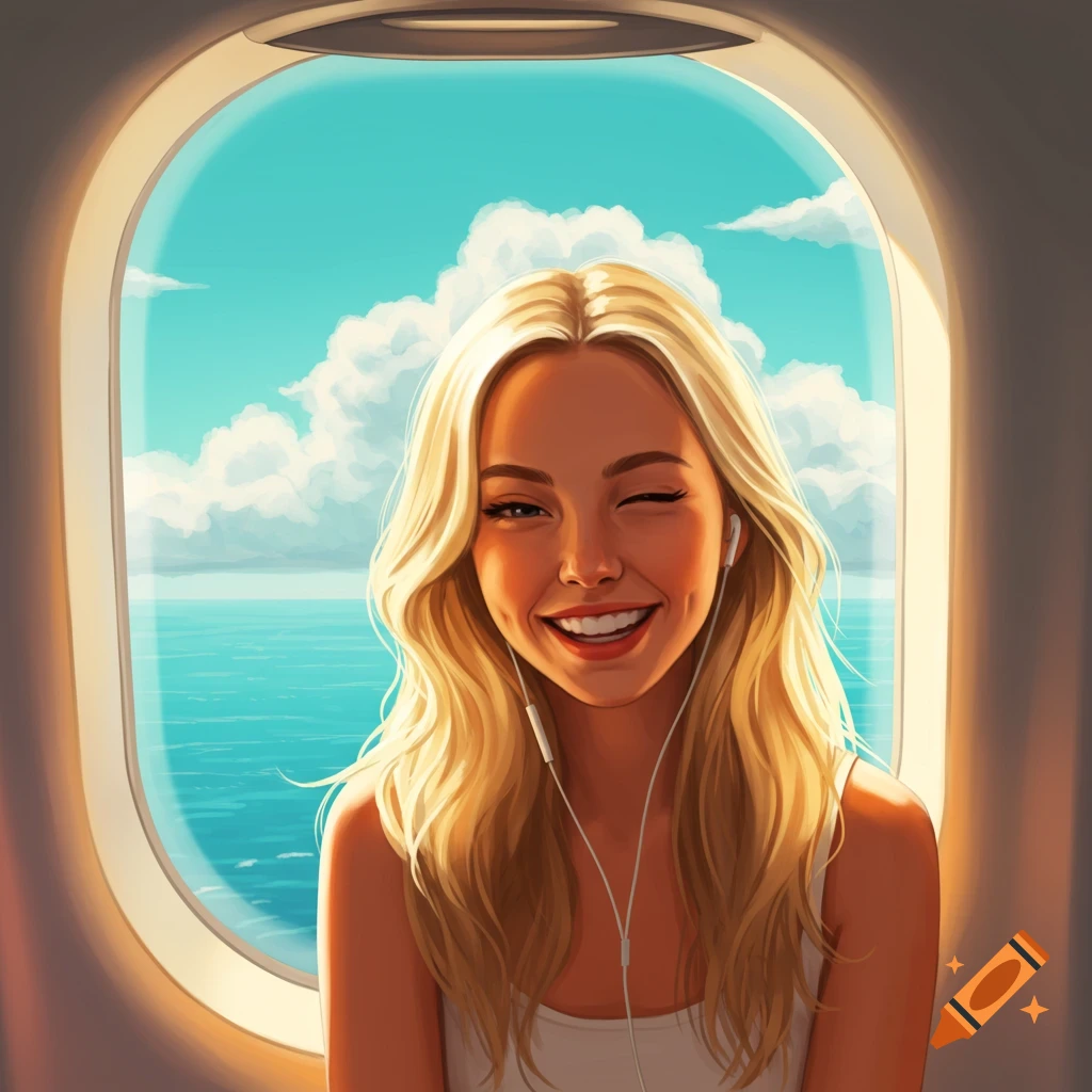 A smiling blonde woman wearing headphones winks in an airplane window seat, with a bright blue ocean and sky visible outside, in a digital illustration.