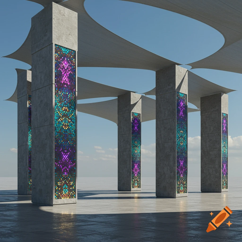 Large concrete pillars with colorful mosaic designs support an awning under a clear blue sky.