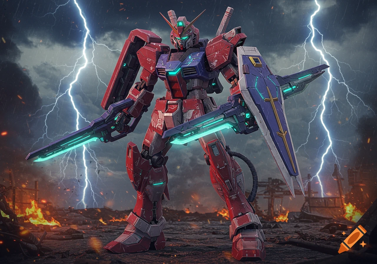 A red and blue gundam-style robot stands on a burning battlefield under a stormy sky with lightning, holding a glowing sword and shield.