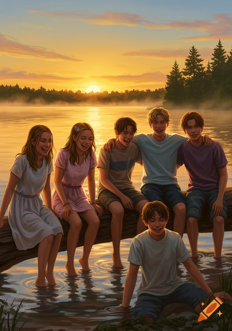 Six teenage friends laughing on a log with feet in a misty lake at sunset, painted style.