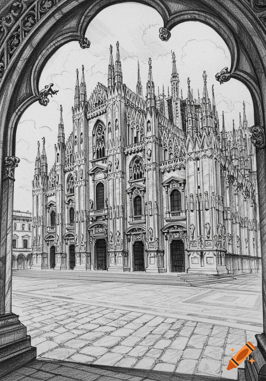 Detailed pencil sketch of the Milan Duomo cathedral seen through a grand archway.