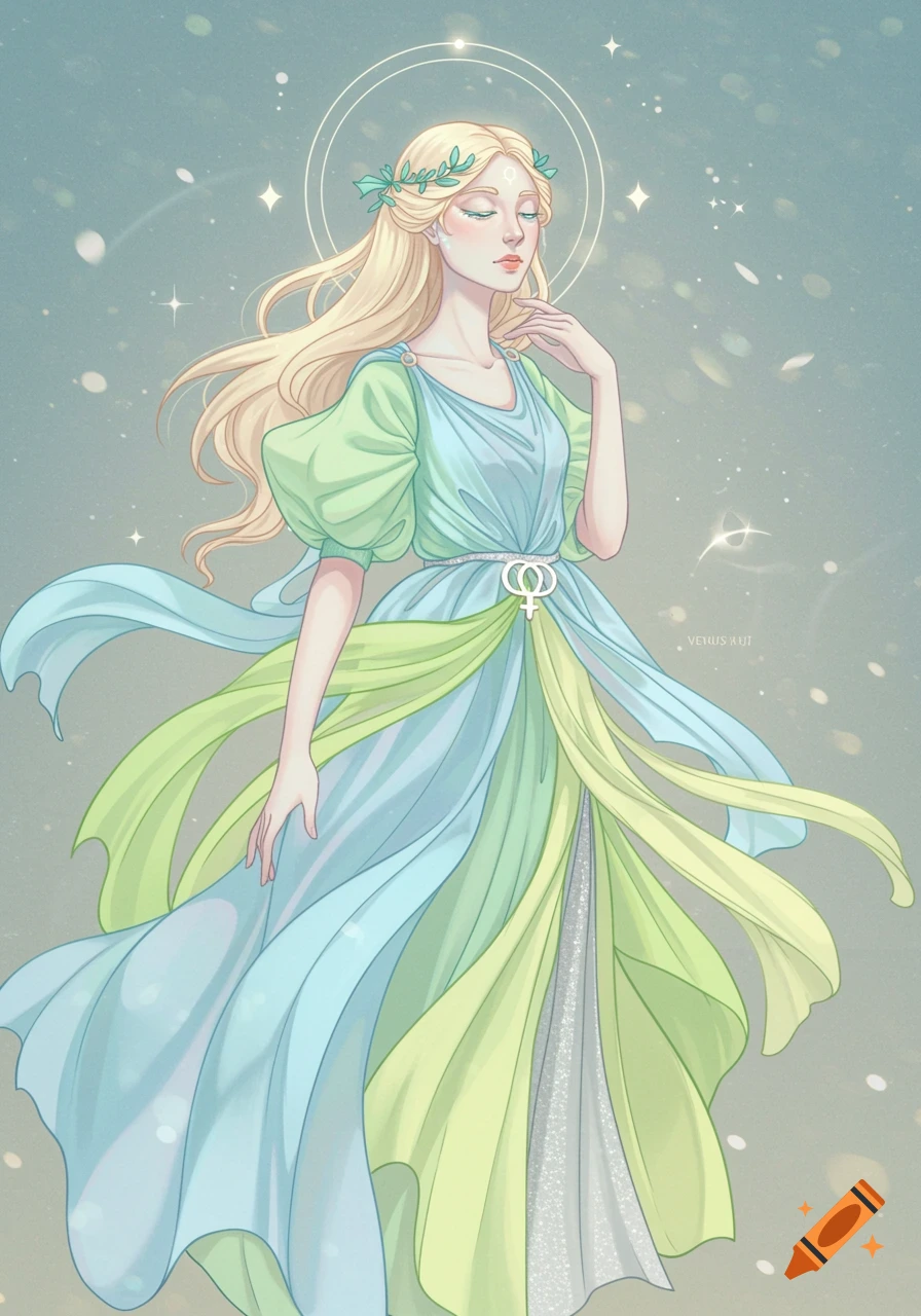 A graceful blonde goddess with a halo and a leafy headpiece, wearing a flowing blue and green dress with a Venus symbol on the belt, in an ethereal, illustrative style.