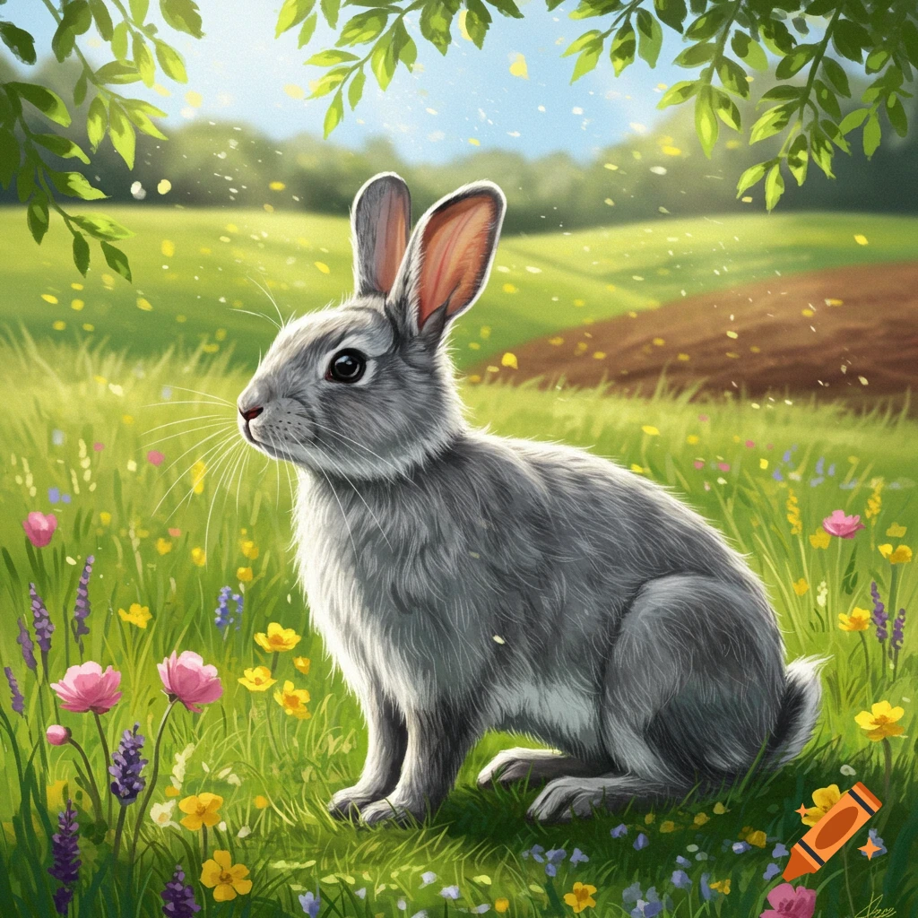 A grey rabbit sits among colorful wildflowers in a sunny green field, with leaves framing the top.
