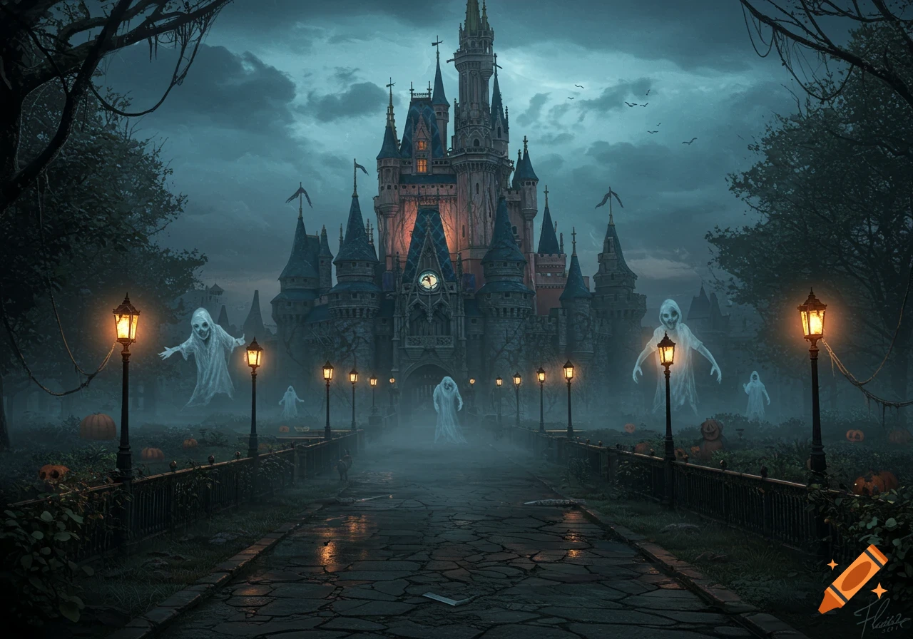 A creepy, dark castle with glowing windows on a misty night, surrounded by spooky white ghosts and pumpkins, lit by streetlights.