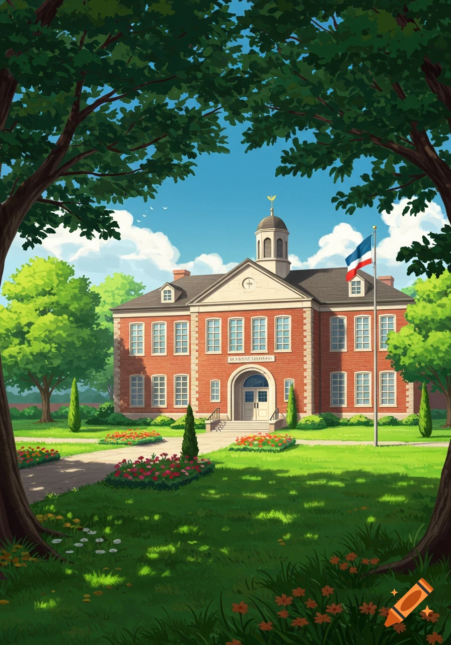 Anime illustration of a red brick school building with a white facade and cupola, framed by lush green trees and a grassy lawn.