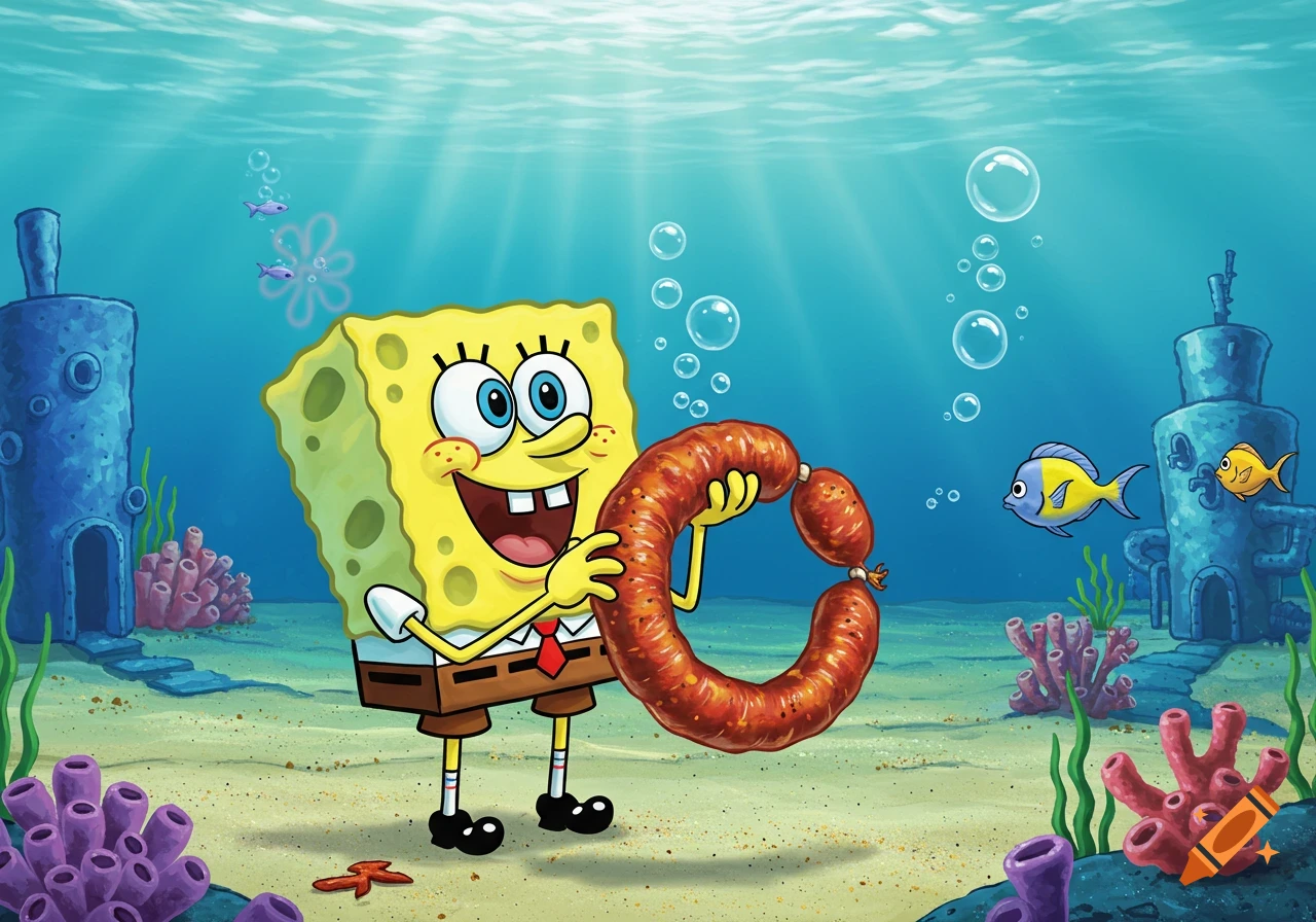 Spongebob Squarepants smiles underwater, holding a large loop of sausage, with fish and coral in the background.