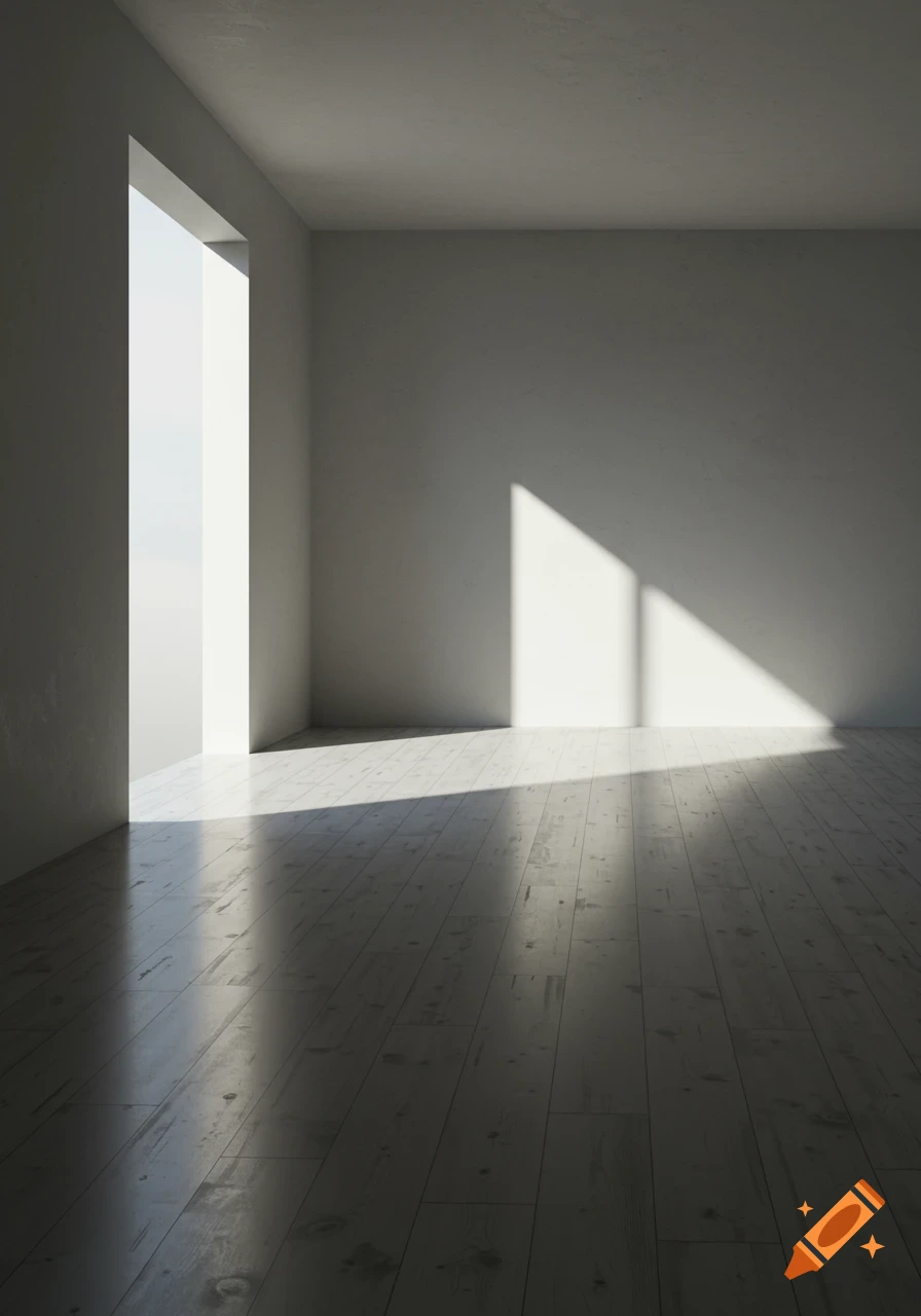 An empty room with white walls, a light wooden floor, and sunlight streaming through a large window, casting shadows.