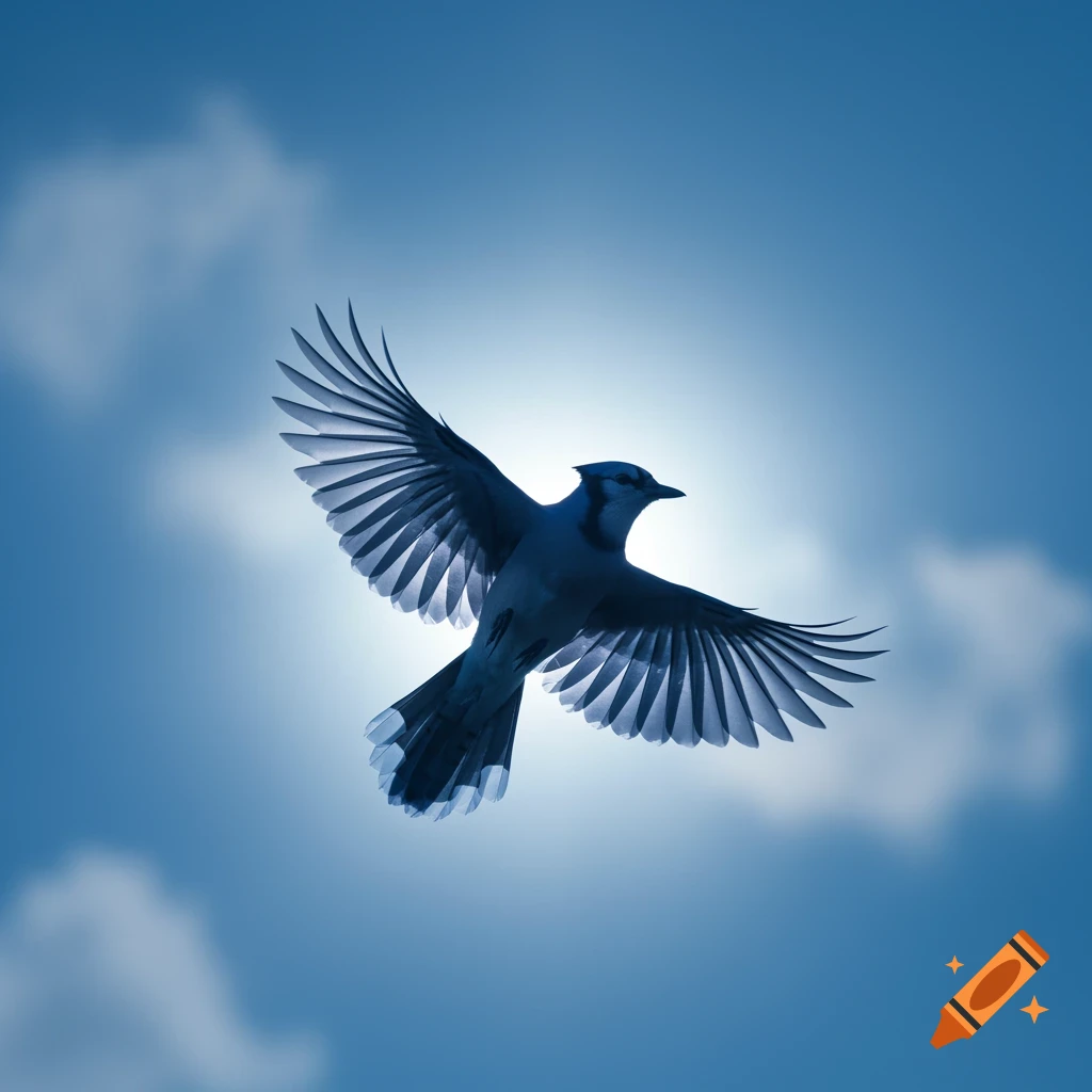 A bluejay flies with wings spread, silhouetted against a bright blue sky and soft white clouds.
