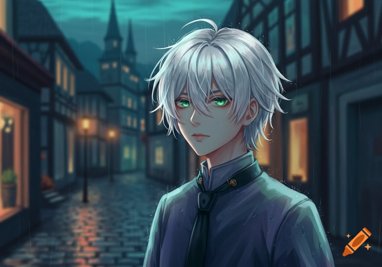 Anime boy with white hair and green eyes stands in a rainy, lamp-lit old town street at night.
