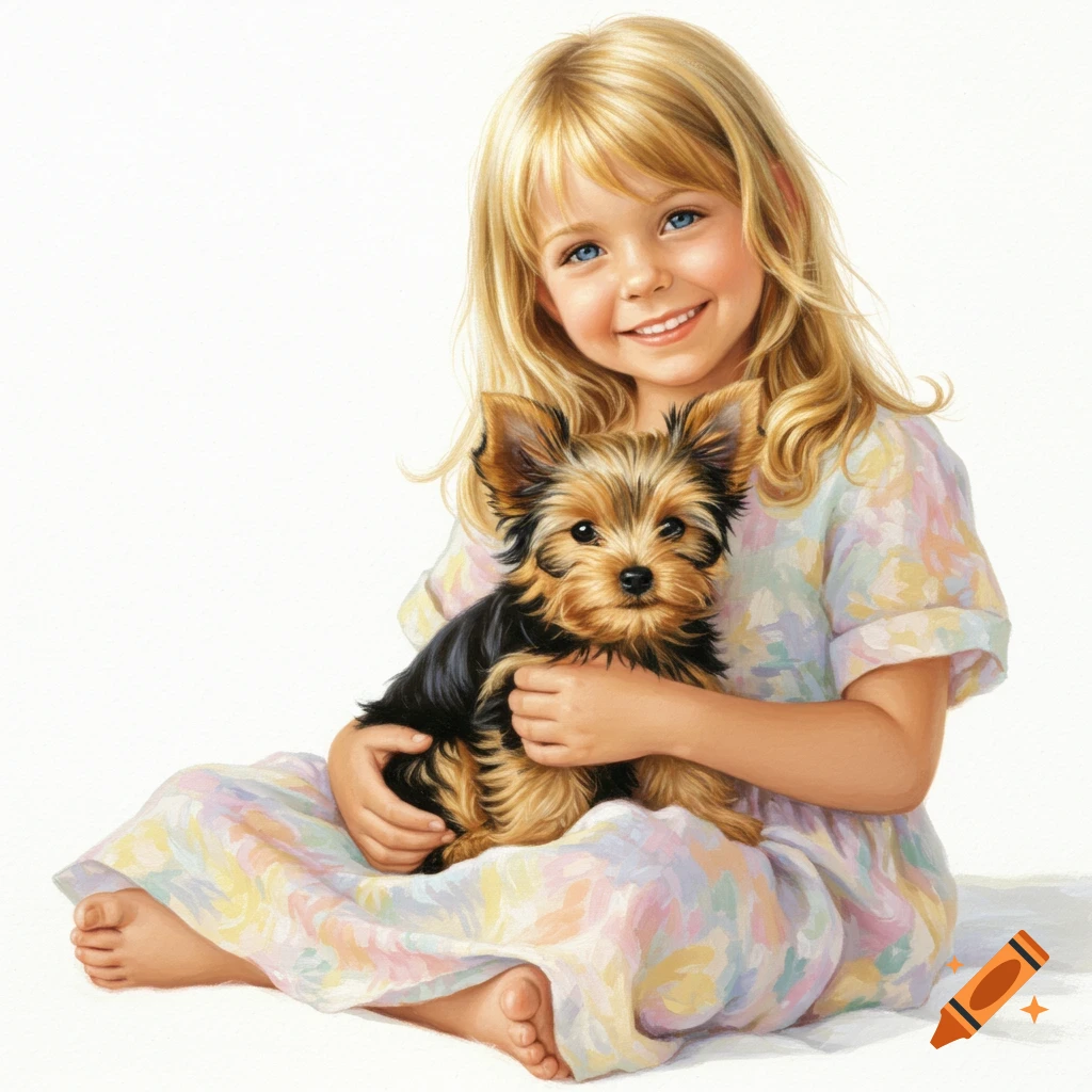 A smiling blonde girl with blue eyes sits and holds a small Yorkie puppy on a white background in a painterly style.
