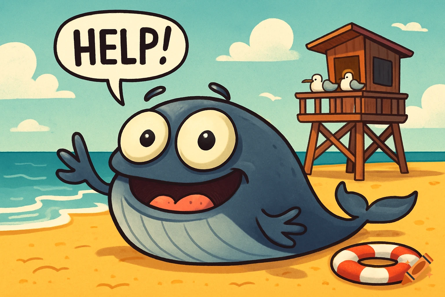 A cartoon whale beached on a sunny shore, waving and shouting "HELP!" from a speech bubble, with a lifeguard tower and seagulls in the background.