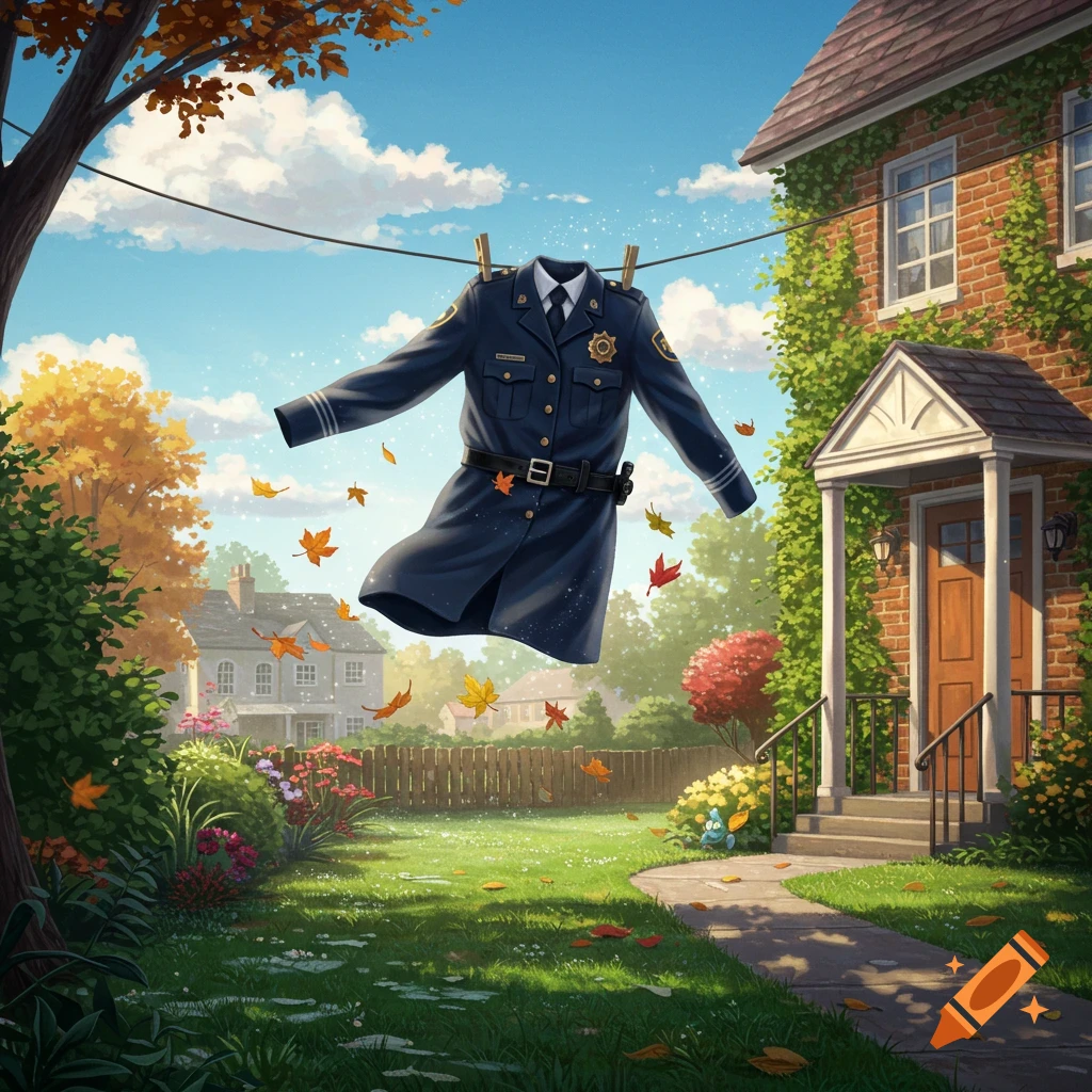 A police uniform hangs on a clothesline, floating above a green lawn with fallen autumn leaves, in front of a brick house under a blue sky.