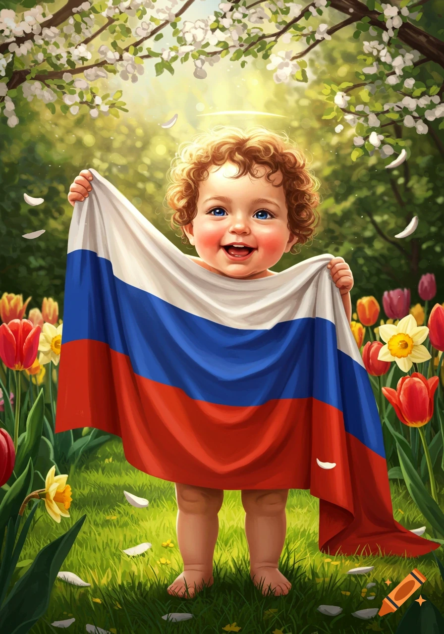 A smiling baby with curly hair holds a Russian flag in a sunny garden with flowers, in a cheerful illustration style.