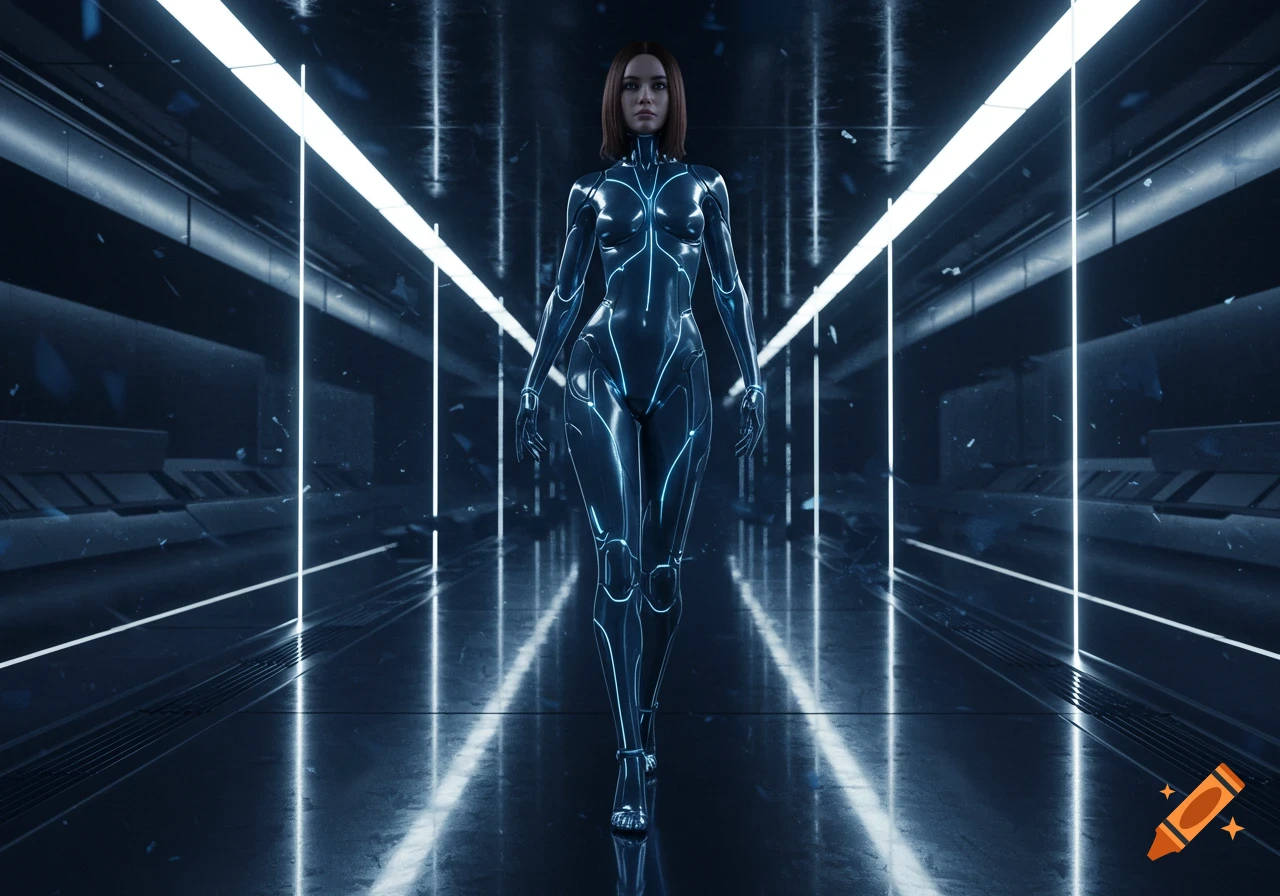 A woman in a reflective, dark blue futuristic bodysuit with glowing light patterns walks through a dark, neon-lit corridor.