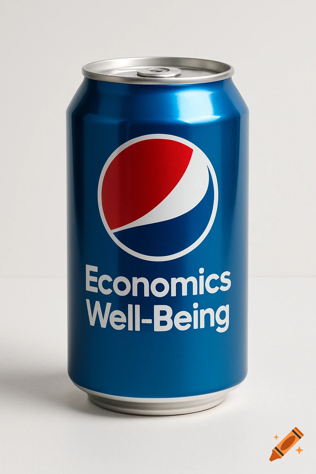 Photorealistic image of a blue Pepsi can with the text 'Economics Well-Being' on it, on a white background.
