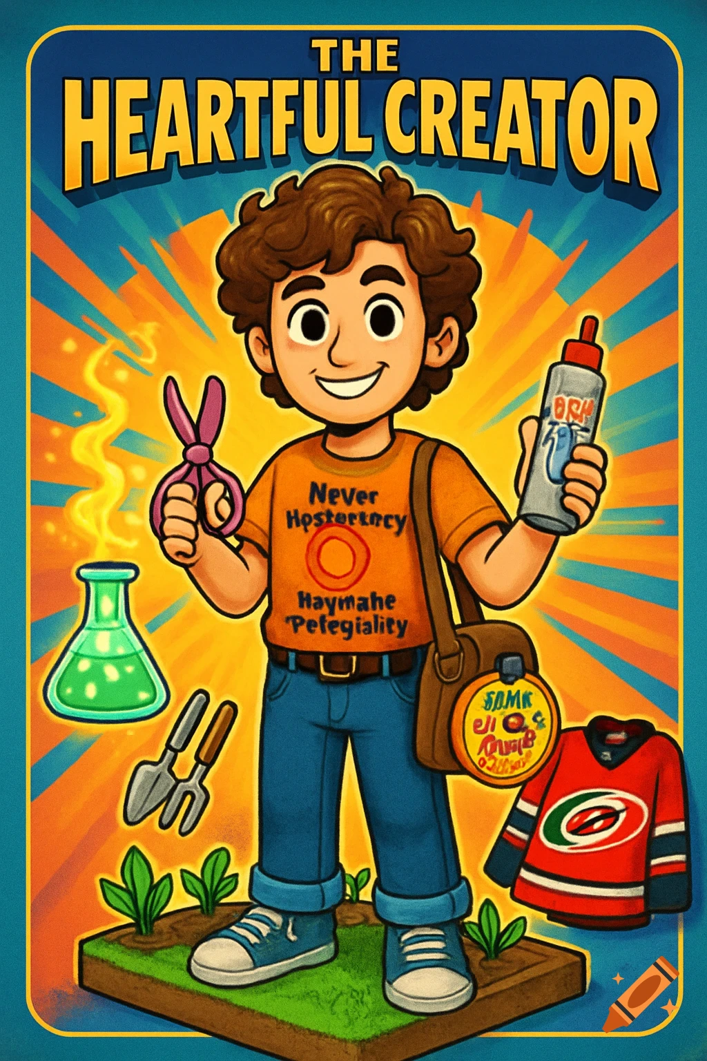 A stylized cartoon boy with curly hair smiles, holding pink scissors and a glitter glue bottle. He wears a graphic t-shirt, blue jeans, and sneakers, standing on a garden plot with plants. A glowing beaker, garden tools, and a red hockey jersey are nearby. The background is bright with radial lines, and the title reads 'THE HEARTFUL CREATOR'.