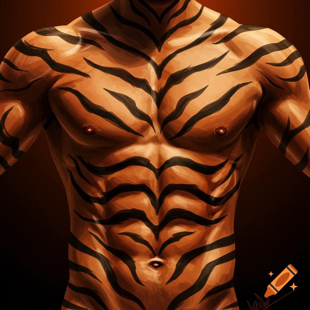 A digitally painted muscular male torso adorned with black tiger stripes on orange skin.