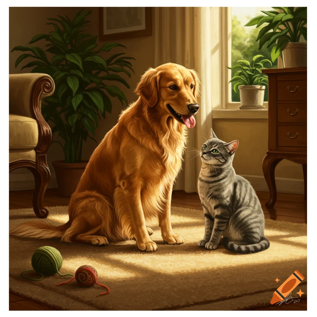 A golden retriever and a tabby cat sit facing each other in a sunlit living room with plants and yarn, in a digital painting style.