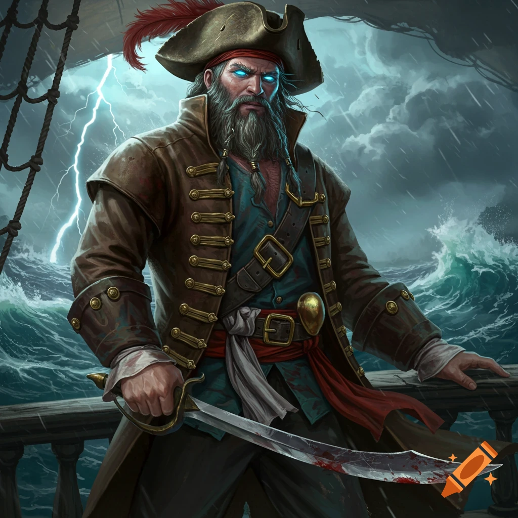 A powerful pirate captain with a grey beard, glowing blue eyes, and a feathered hat stands on a ship deck, holding a bloody saber amidst a stormy sea with lightning.