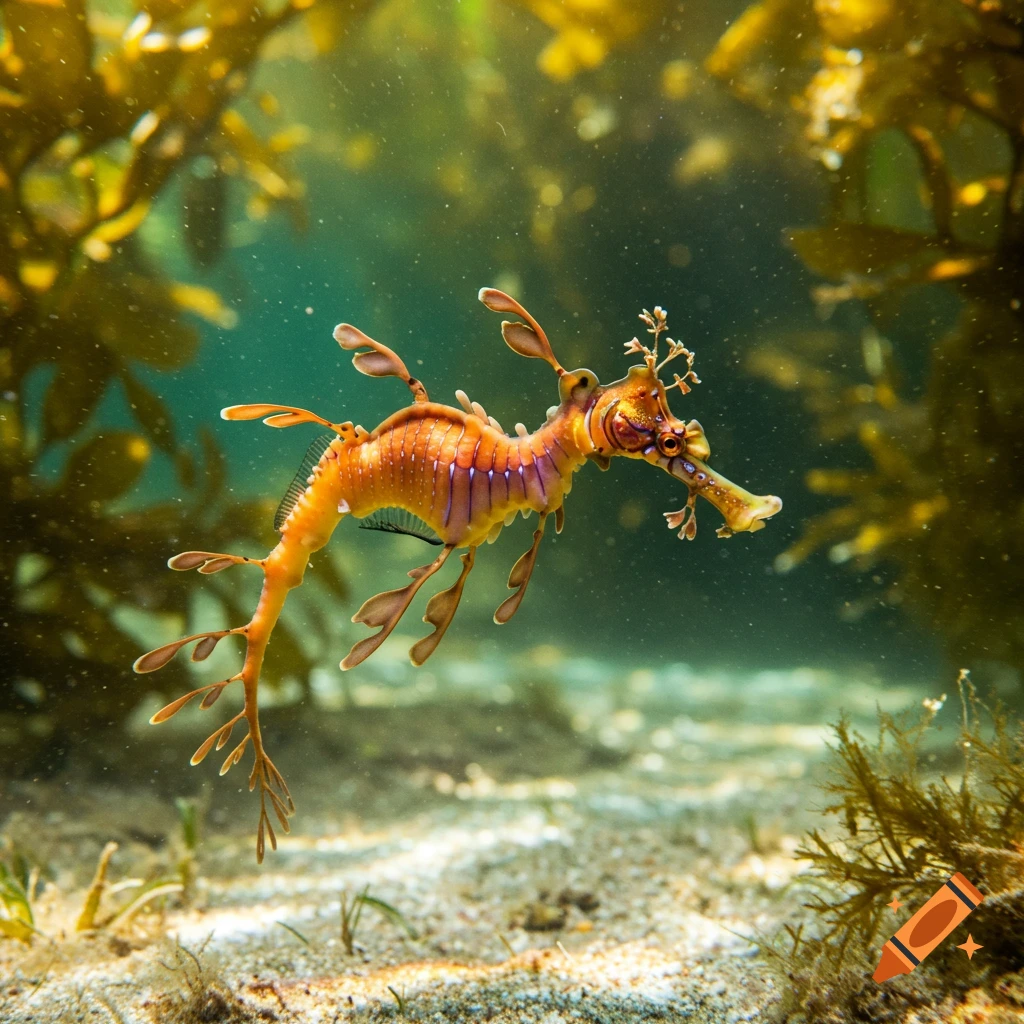 A vibrant orange and purple weedy sea dragon floats gracefully among green seaweed and sandy seabed in a realistic close-up.