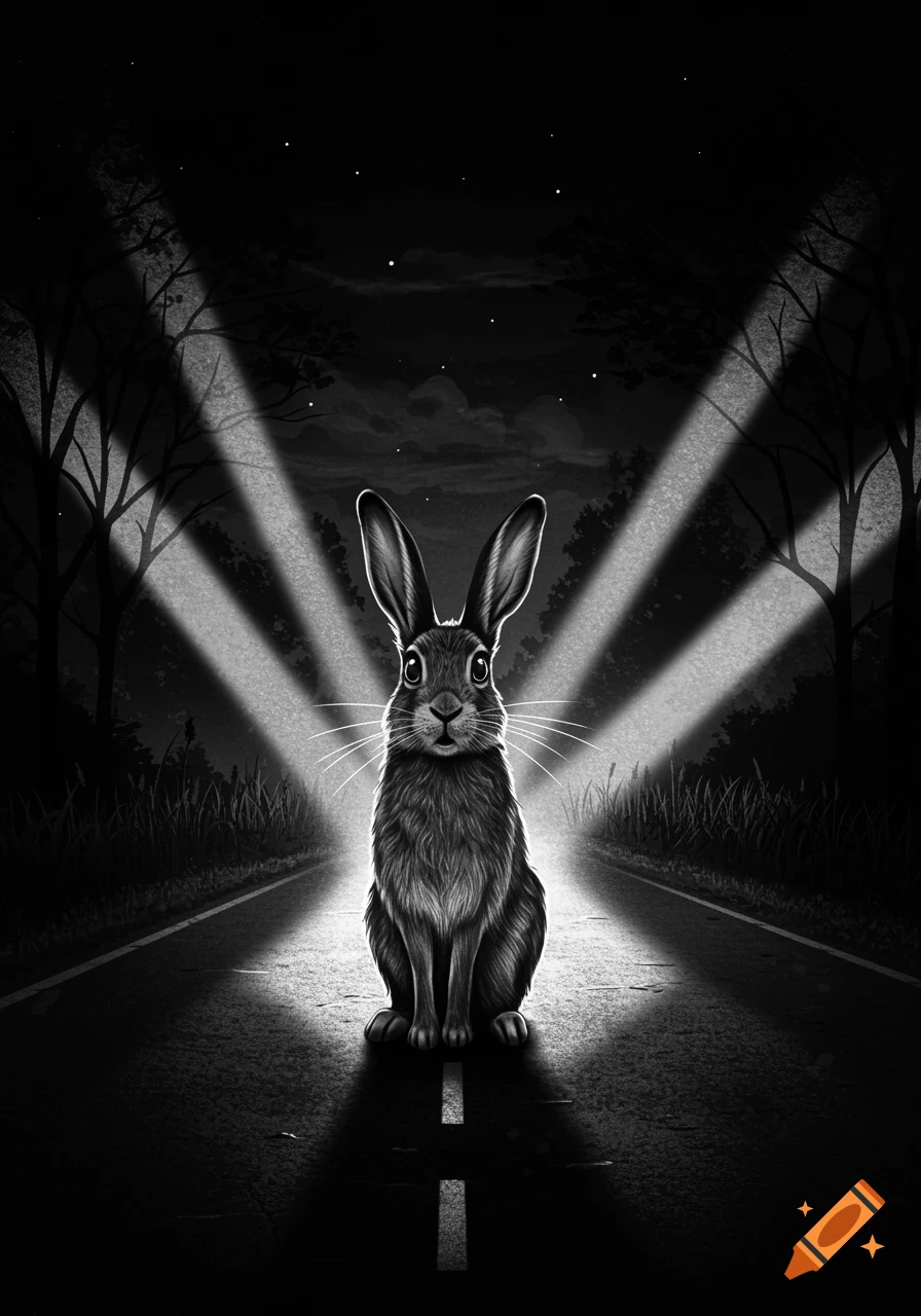 A black and white illustration of a rabbit sitting in the middle of a dark road at night, illuminated by bright, dramatic headlights.