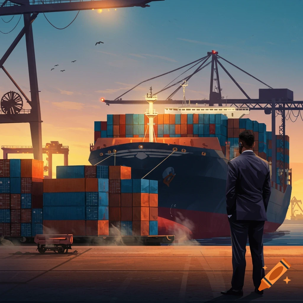 Illustrative image of a man in a suit looking at a large cargo ship at a port during sunset.