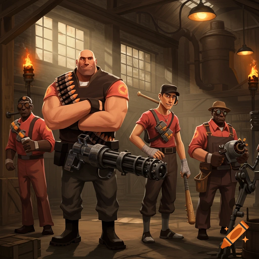 Four stylized mercenaries from Team Fortress 2 stand in a warehouse with weapons, rendered in a realistic, illustrative style.