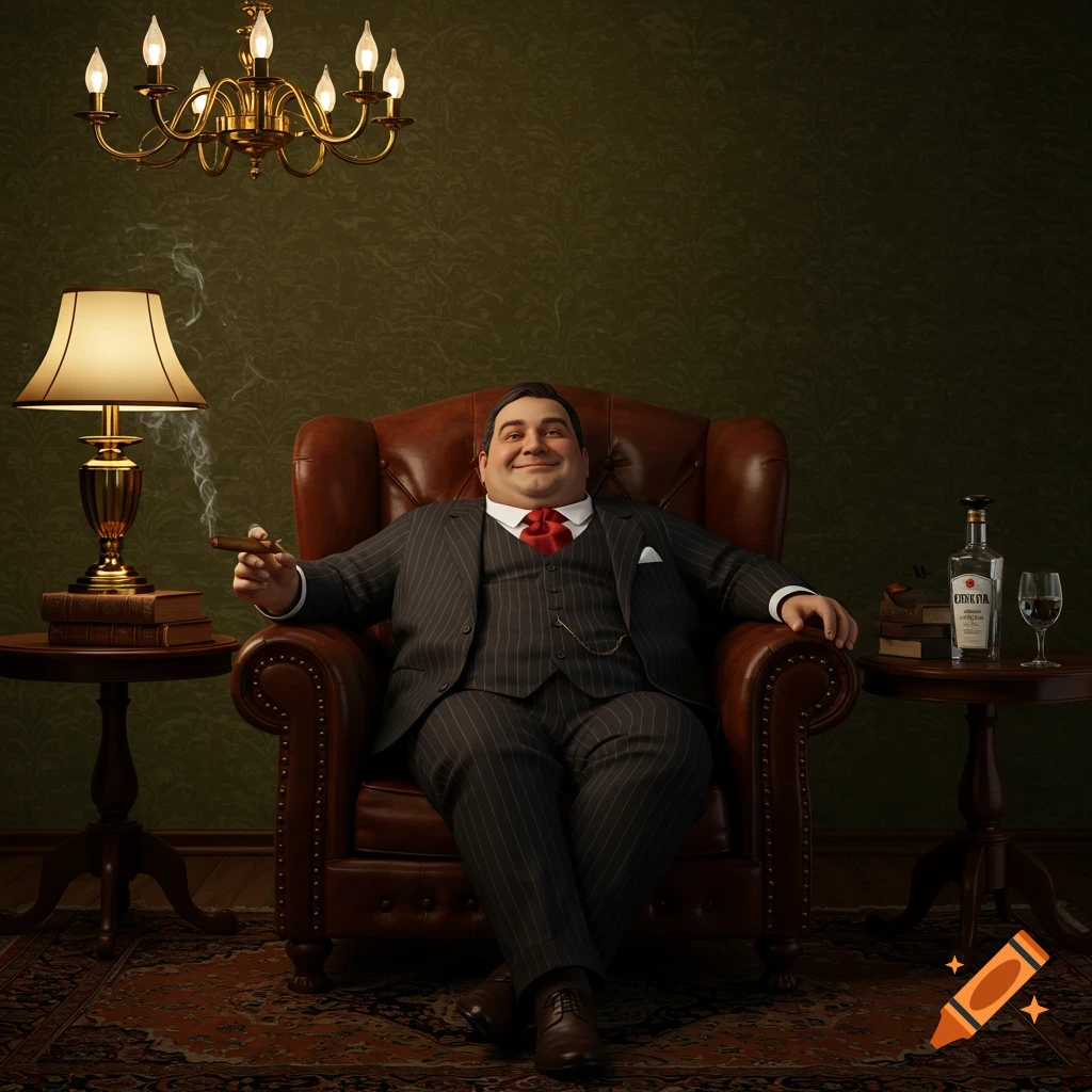 A well-dressed man smoking a cigar and smiling, relaxing in a leather armchair in a dimly lit, richly decorated room.