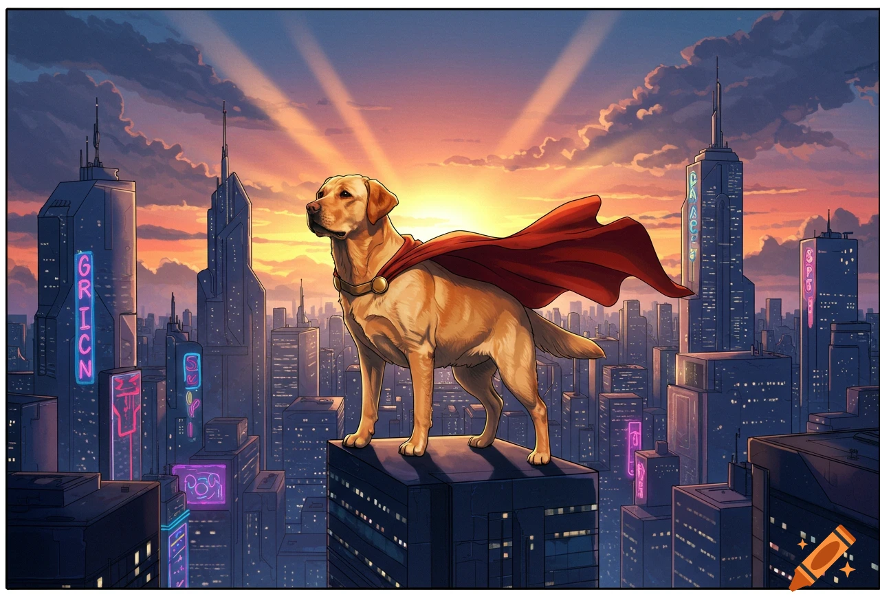 A golden retriever superhero in a red cape stands on a skyscraper overlooking a futuristic city at sunset, comic art style.