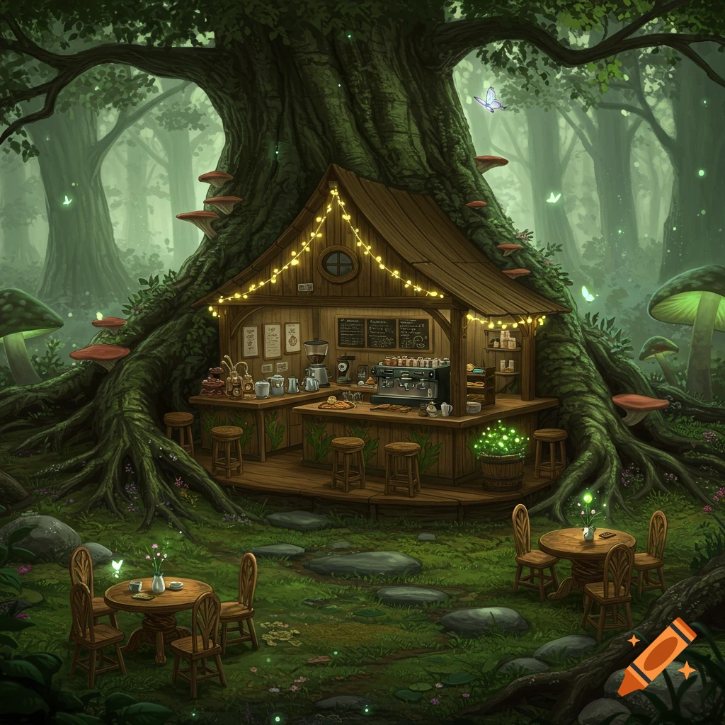 A whimsical forest coffee shop nestled in the roots of a giant tree, with string lights, outdoor seating, and glowing mushrooms.