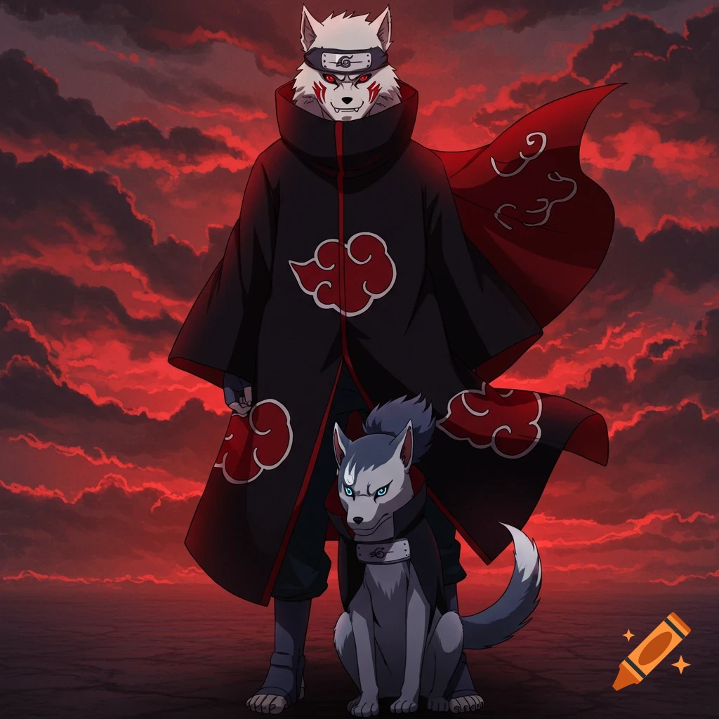 An anime-style anthropomorphic white wolf in a black Akatsuki cloak stands with a gray wolf against a red, cloudy sky.