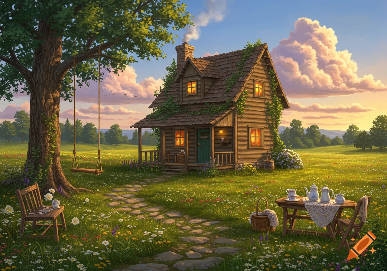 An idyllic cottage in a vibrant, sunlit meadow with a swing hanging from a large tree, in a cozy cottagecore style.