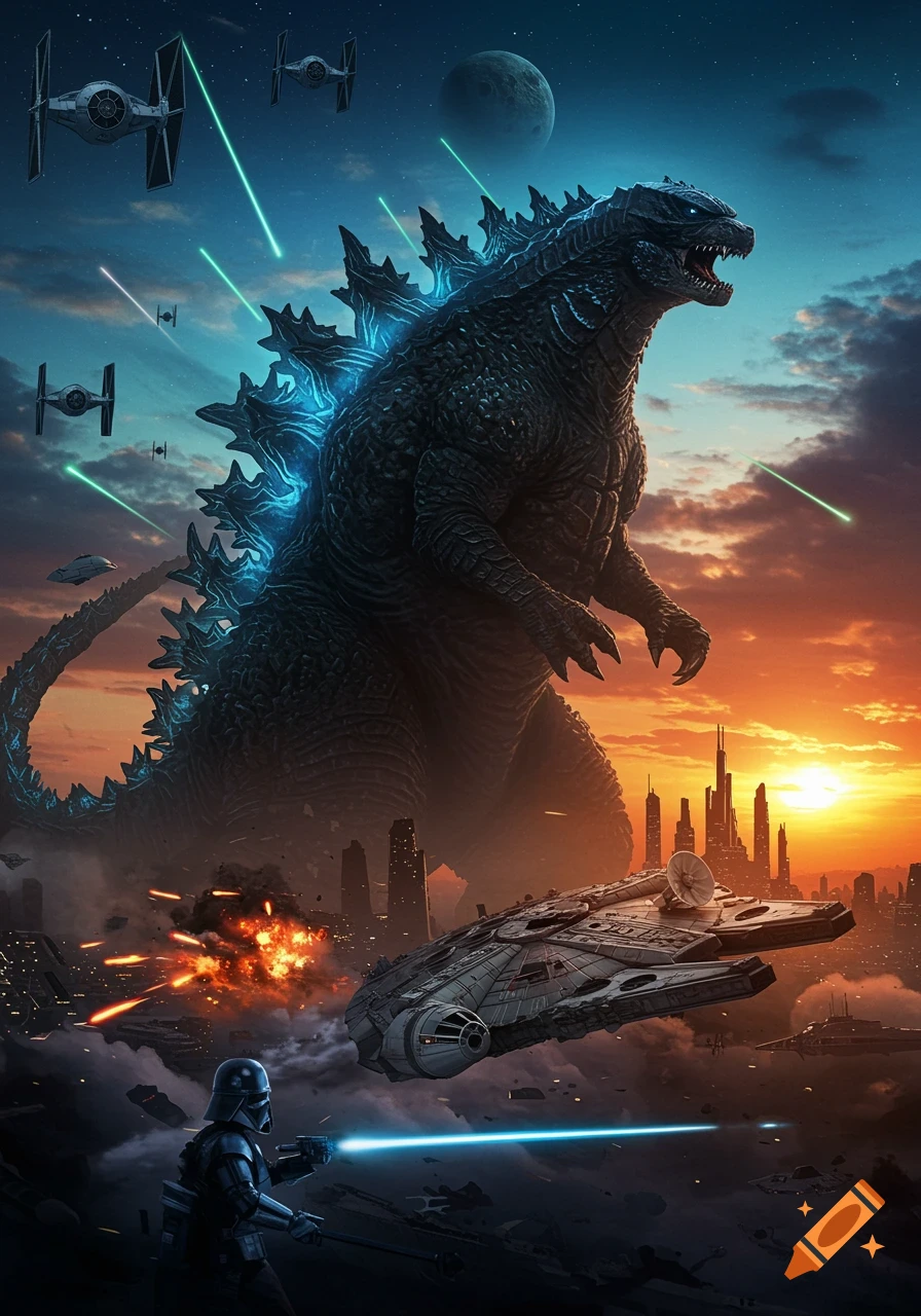 Godzilla battles TIE Fighters over a futuristic city at sunset, with the Millennium Falcon and a Stormtrooper in the foreground.