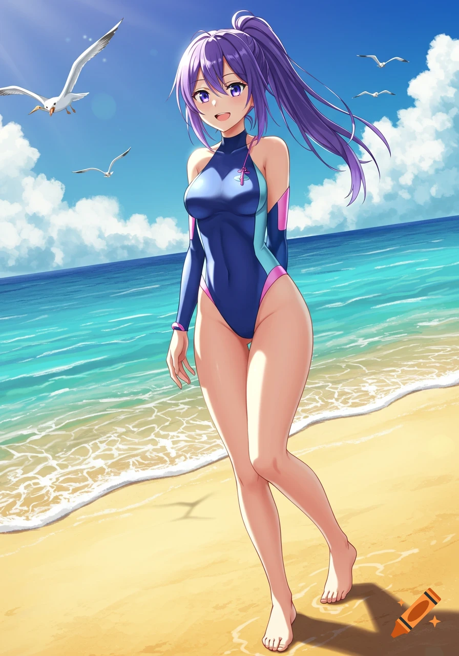 An anime girl with purple hair in a ponytail wears a blue and pink wetsuit while standing on a sunny beach with seagulls flying.