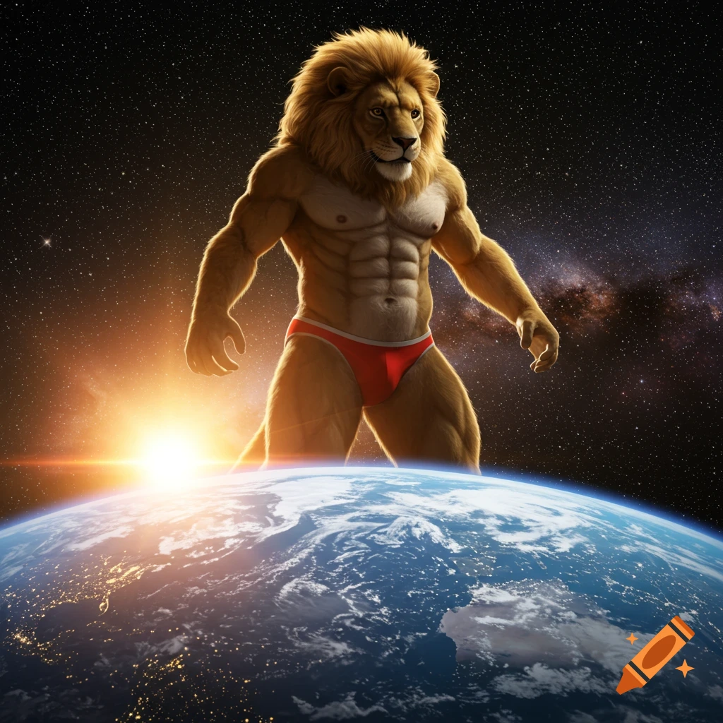 Photorealistic anthropomorphic lion in a red speedo stands giant over Earth with a bright sun in space.