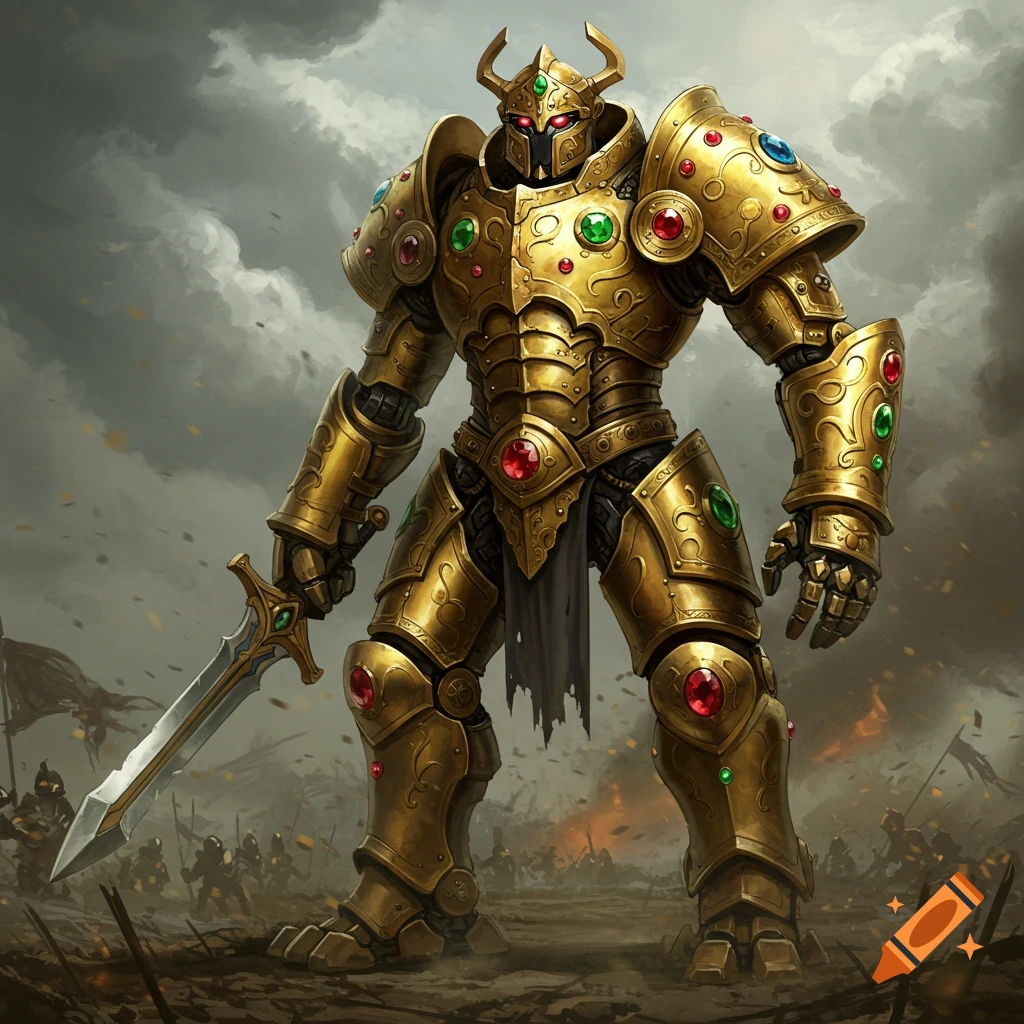 A magnificent golden, jewel-encrusted robot warrior stands on a battle-scarred field, holding a sword.