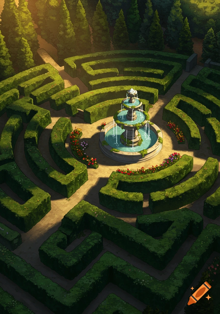 A top-down view illustration of a large, circular hedge maze with a multi-tiered fountain at its center. Sunlight illuminates parts of the maze and the fountain, casting shadows in the intricate pathways.