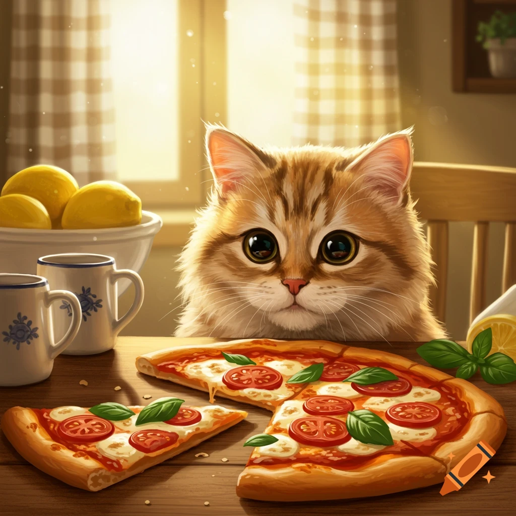 A cute fluffy cat with large eyes looks intently at slices of pizza on a wooden table, with lemons and mugs nearby.