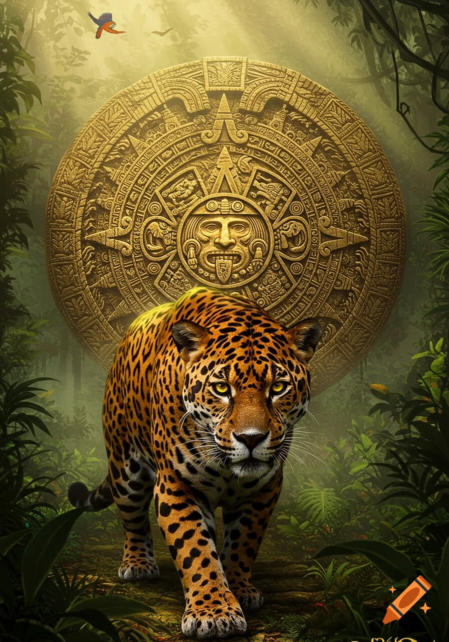 A majestic jaguar walks through a lush jungle with a large, golden Aztec calendar stone behind it, birds flying overhead.