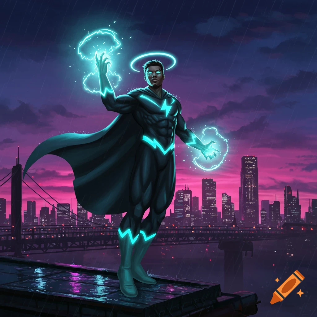 A male superhero in a dark suit with glowing blue energy stands on a rainy rooftop overlooking a neon city at dusk, digital art.
