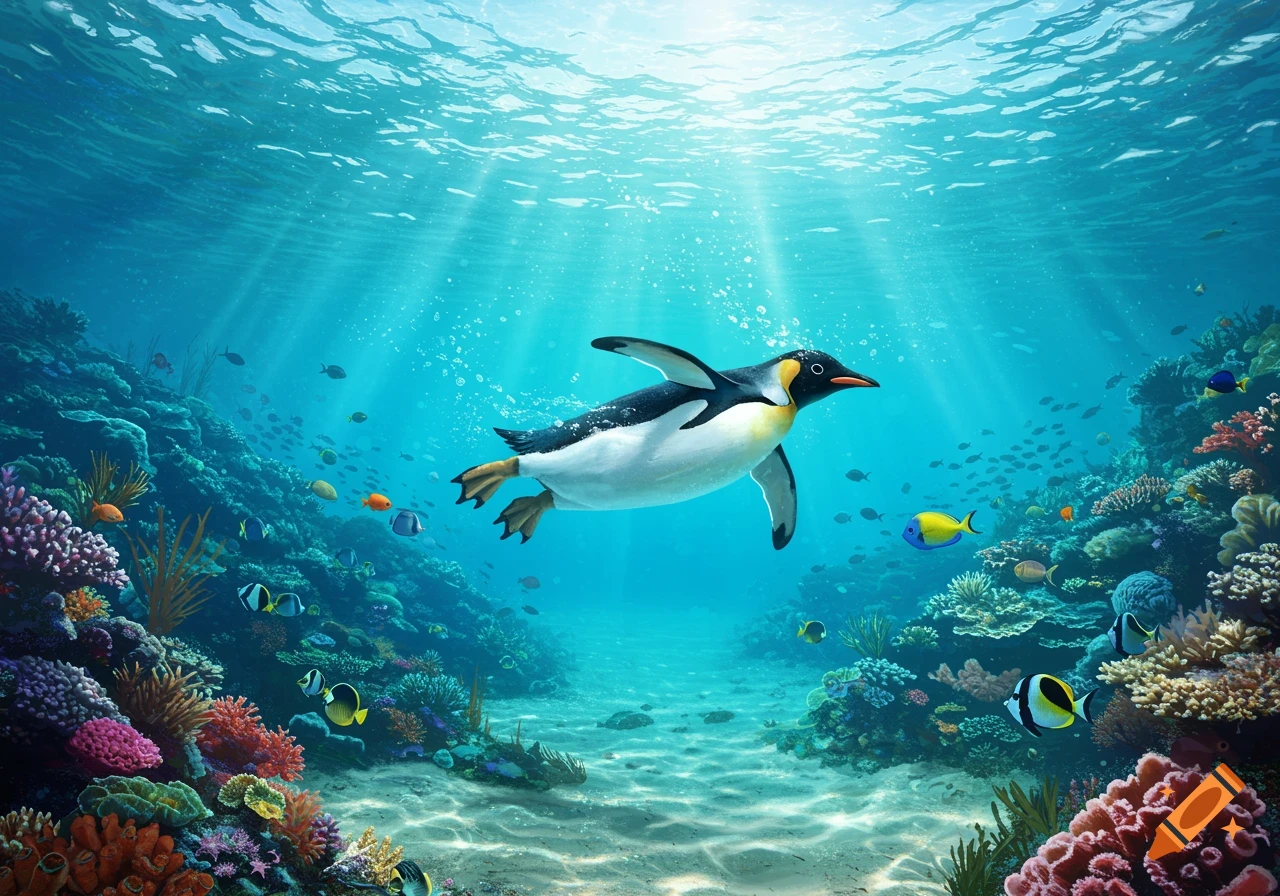 A king penguin swims gracefully through clear blue water in a vibrant coral reef, with sunlight streaming from above.