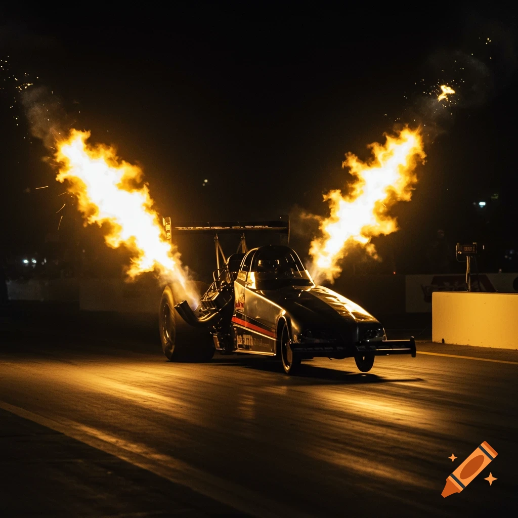 Photorealistic top fuel funny car launching at night with huge exhaust flames and front wheels slightly raised.