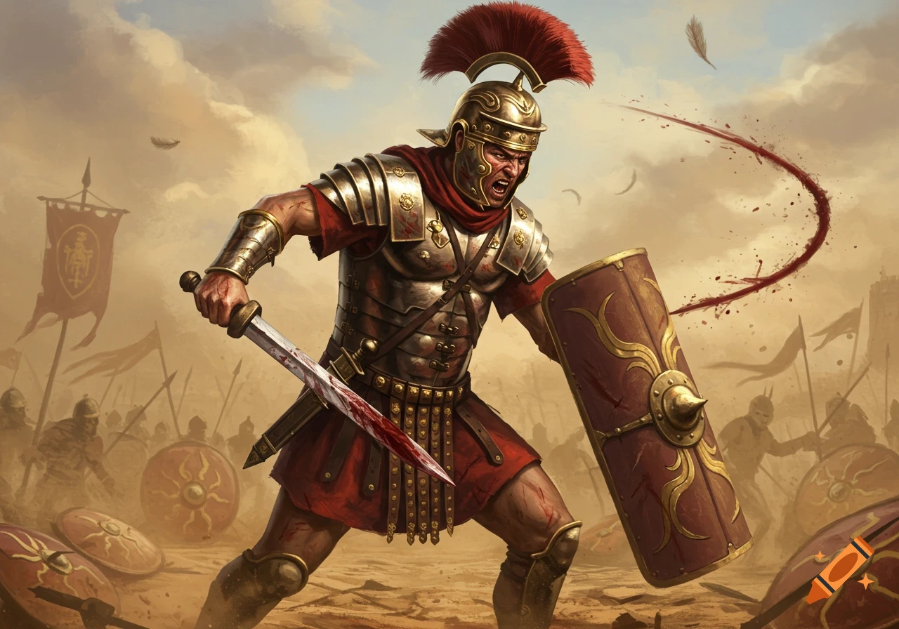 A fierce Roman soldier in ornate armor, covered in blood, wields a bloody sword and shield amidst a dusty battle scene.