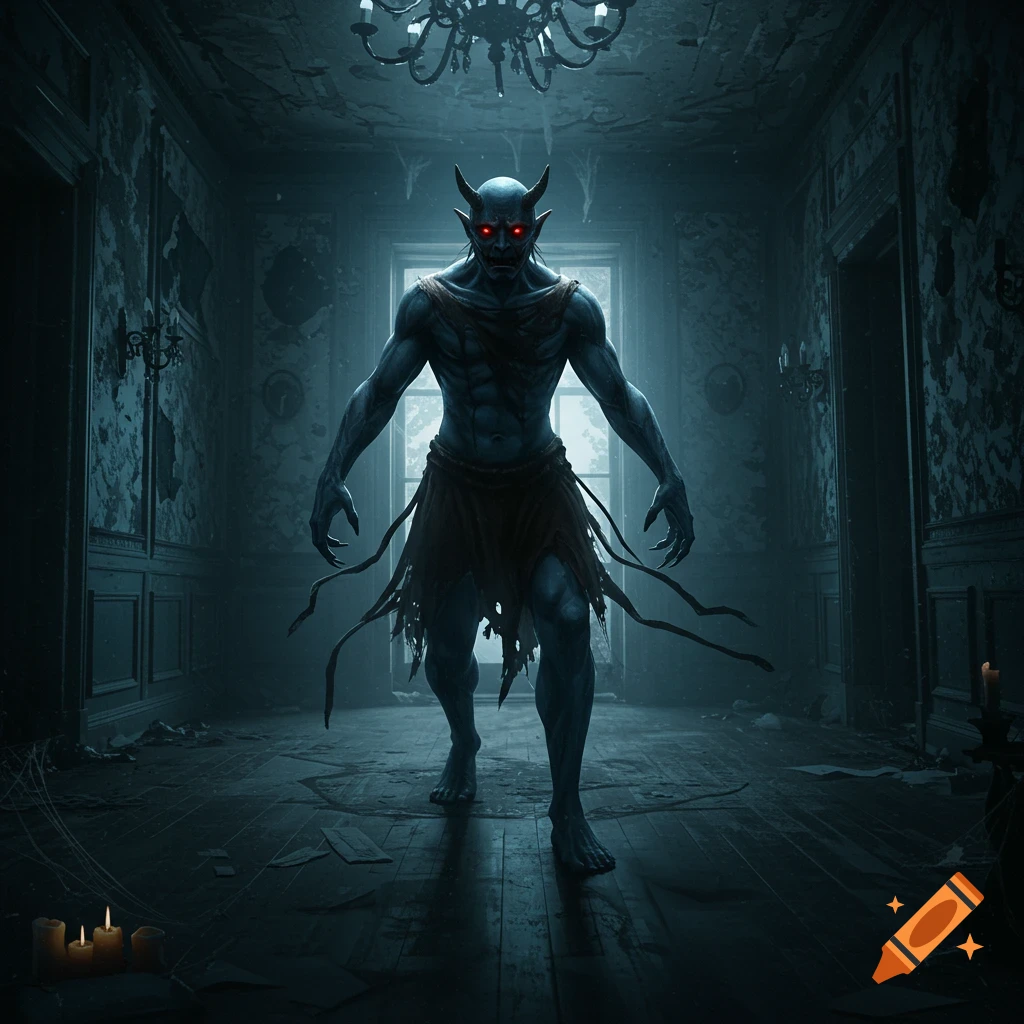 A blue-skinned, horned demon with glowing red eyes stands in a dark, decaying room.