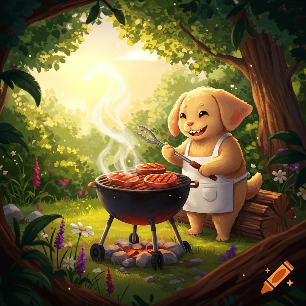 A cute cartoon golden dog in an apron grills steaks on a barbecue in a sunlit forest clearing.