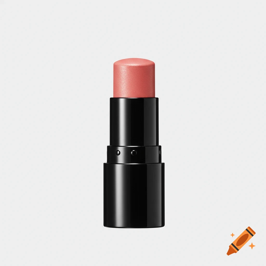 A photorealistic image of a pink cream blush stick with a black casing, standing upright against a white background.